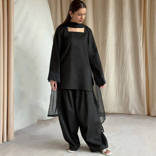PURE CARBON BLACK 3 PIECES STITCHED FARSHI SALWAR 3PCS